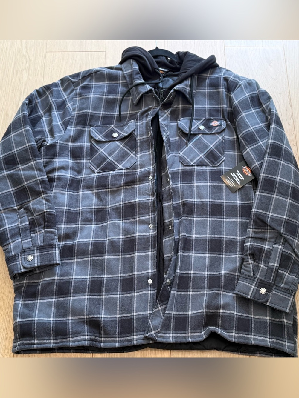 Dickies Men’s 2XL Grey Plaid Hooded Flannel Shacket Quilted Lined NWT
